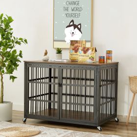 Furniture style dog crate wrought iron frame door with side openings, Grey, 43.3''W x 29.9''D x 33.5''H. - Rustic Brown