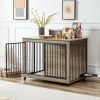 Furniture Style Dog Crate Side Table With Rotatable Feeding Bowl, Wheels, Three Doors, Flip-Up Top Opening. Indoor, Grey, 43.7"W x 30"D x 33.7"H - as