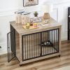 Furniture Style Dog Crate Side Table With Rotatable Feeding Bowl, Wheels, Three Doors, Flip-Up Top Opening. Indoor, Grey, 43.7"W x 30"D x 33.7"H - as