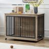 Furniture Style Dog Crate Side Table With Rotatable Feeding Bowl, Wheels, Three Doors, Flip-Up Top Opening. Indoor, Grey, 43.7"W x 30"D x 33.7"H - as